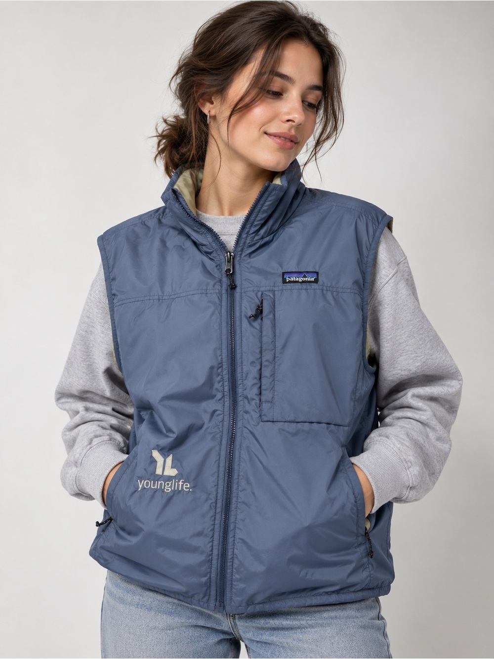 Patagonia Women’s Reversible Vest XL Blue Green Young Life Full Zip Outdoor